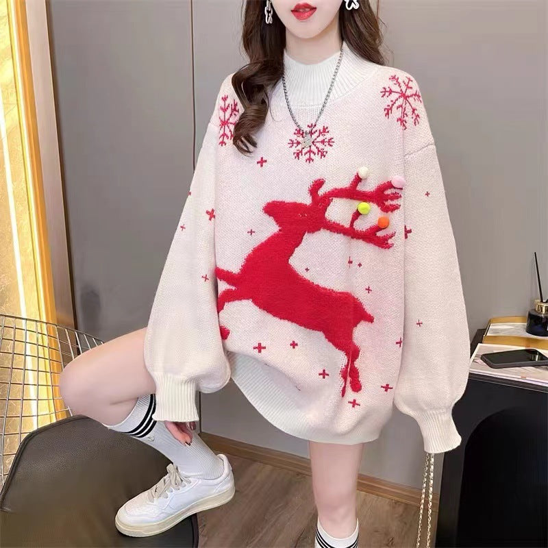 Red Christmas Sweater Women's 2024 New Fawn Autumn and Winter Loose Outer Wear Laid-back Style Thickened Mid-length Needle Sweater