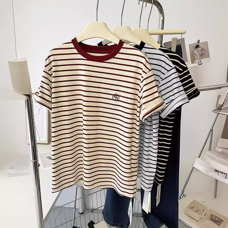 Summer New Korean Style Pure Cotton Loose Embroidered Striped Short-Sleeve T-Shirt for Women, Fashionable Color-Blocking Pullover Versatile Top
