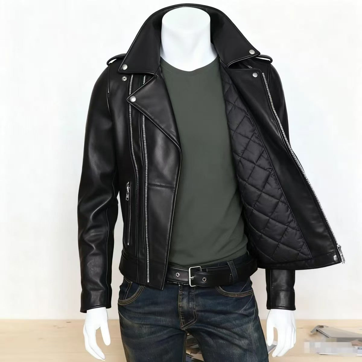 Autumn and Winter Leather Men's New Leather Jacket Coat Men's Korean Style Vertical Collar Slim Fit PU Leather Top Trendy Men's Coat