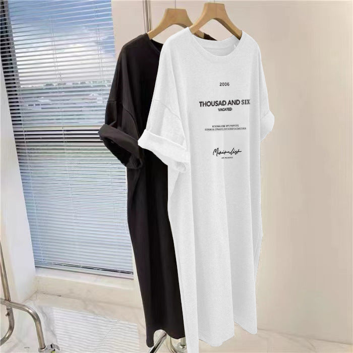 Korean Short-Sleeved Dress Women's Summer Fat mm Large Size Slim Mid-Length T-Shirt Dress over the Knee Casual Long Skirt