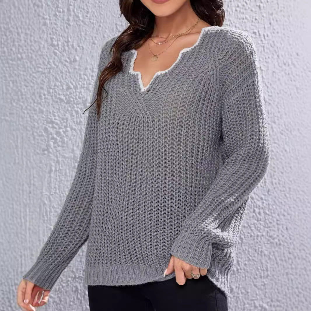 Autumn and Winter New Lace V-neck Knitted Sweater Casual Pullover All-match Solid Color Loose Version Shoulder Sleeve Sweater Top for Women