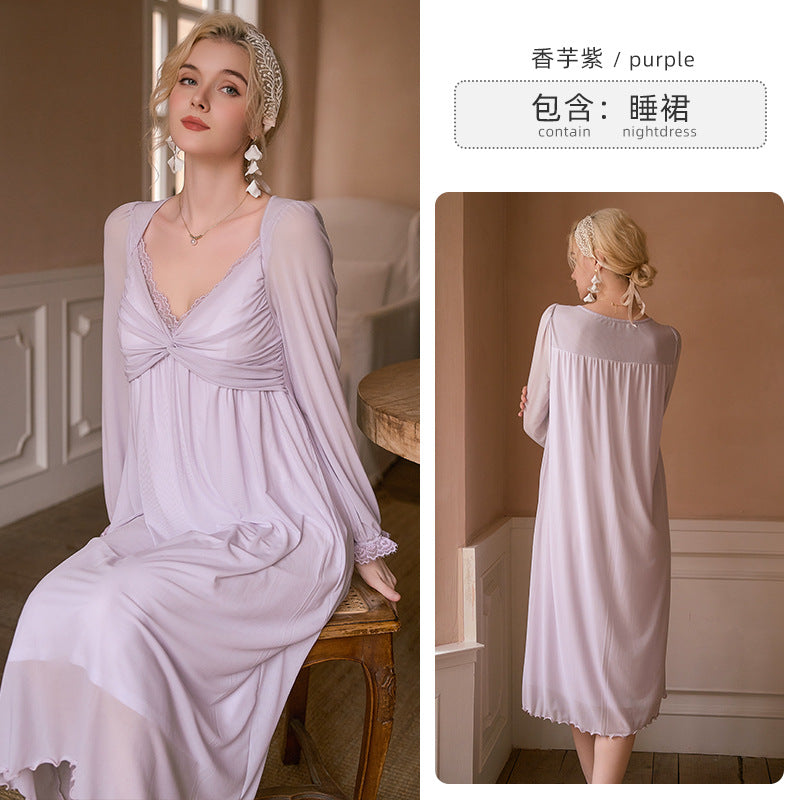 All-Season Long-Style High-End Sexy Pajamas Made of Modal with a Dreamy Sheer Mesh Overlay and Comfortable Chest Pads