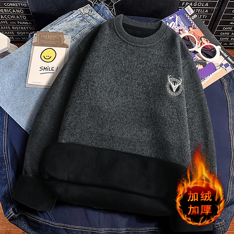 Cross-border Foreign Trade Men's Sweater Autumn and Winter Thick fleece-lined Thickened Crewneck Knitted Base Shirt Men's Inner Wear Autumn and Winter Warm