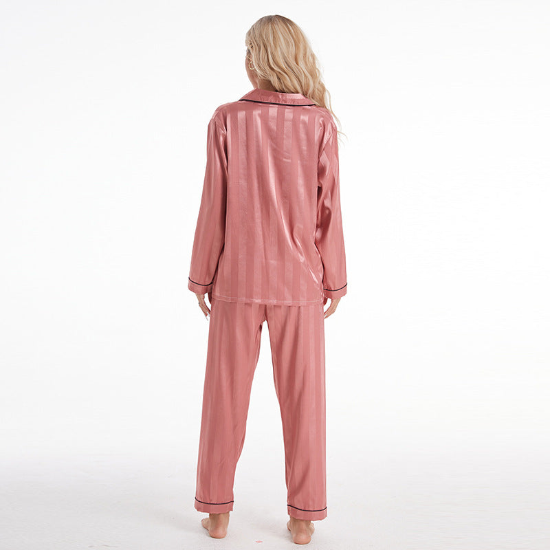 Ladypajamas Export Large Size Imitation Silk Thick Striped Long Pants Long-Sleeved Home Wear Pajamas Set Breathable