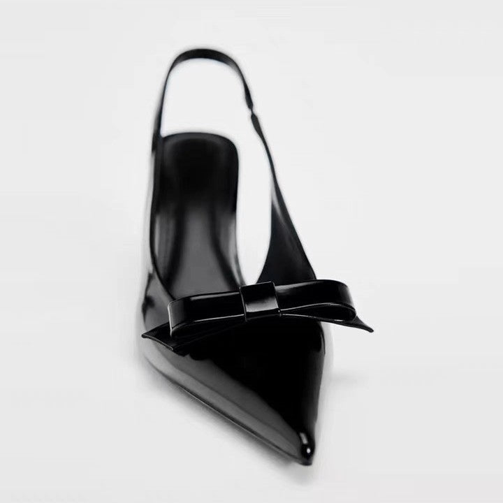 Za Black Patent Leather Bow Jewelry High Heel Mules 2025 Spring and Summer Pointed Toe Slingback Stiletto Sandals Flats for Women