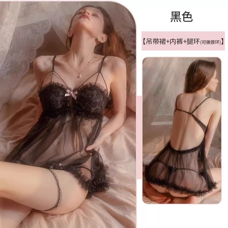 Sexy Pajamas Women's Lace Sling Nightgown Transparent Thin plus size with Steel Ring Loose Ice Silk Small Chest Push-up Underwear