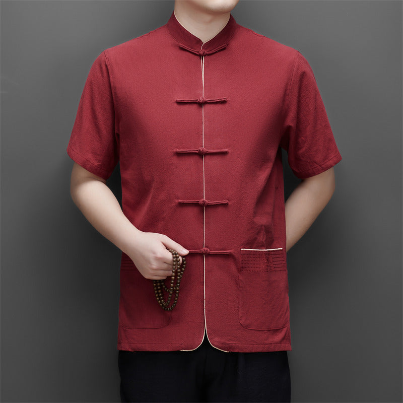 New Tang Suit Men's Tops, New Chinese Style Ancient Style Summer Clothes, Short-Sleeved Summer Suits for Middle-Aged and Elderly People, Dad's Summer Suits