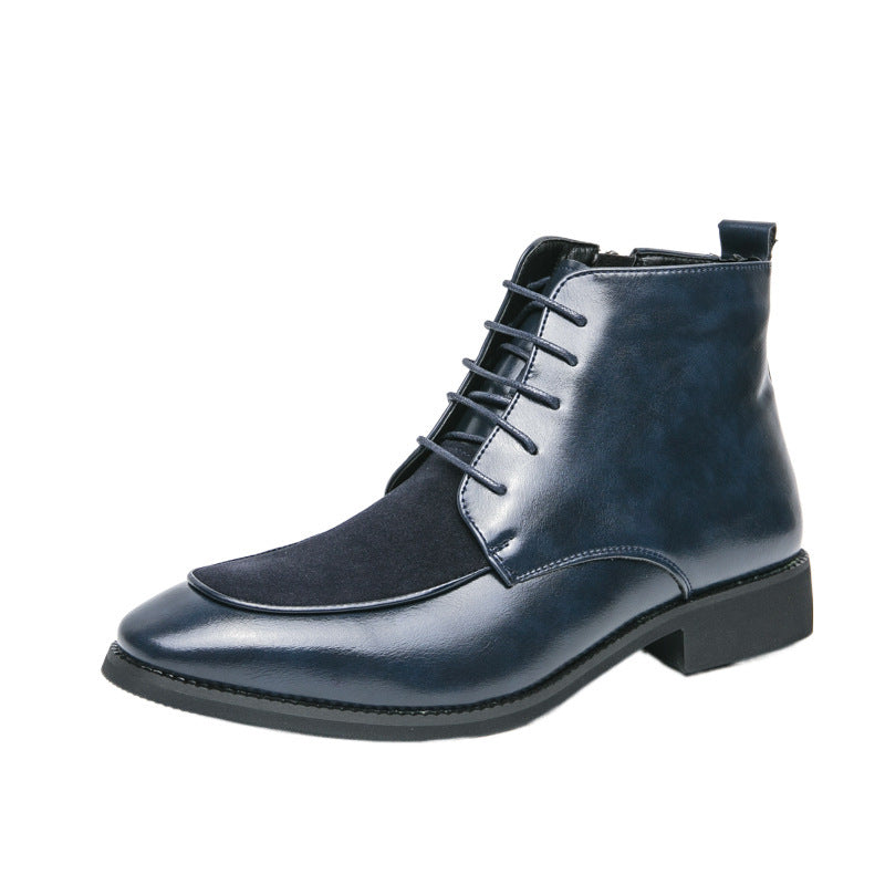 High-top color-block leather boots cross-border plus size 46 autumn and winter short boots European and American style men's side zipper fashion British boots