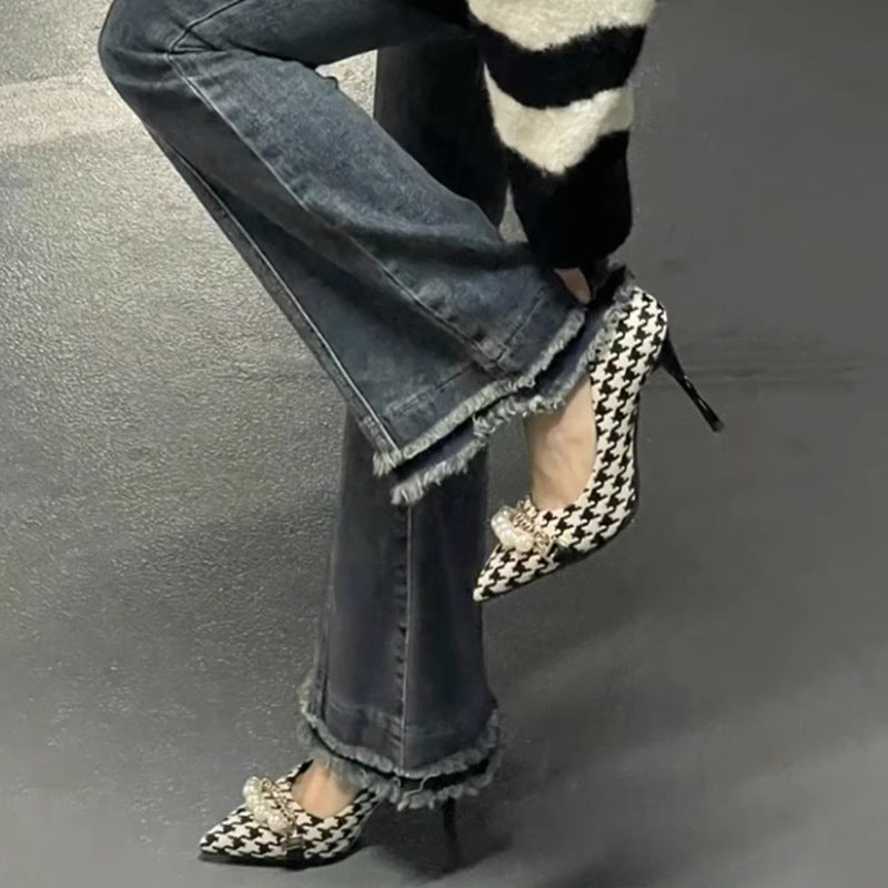 Supply Houndstooth Pearl High Heels Pointed Toe Shallow Mouth High Heel Shoes girls Style Houndstooth Pearl High Heels Women