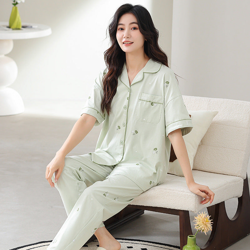 2026 New Women's Summer Pajamas, Cotton Short-Sleeve Long Pants, High-End Cardigan Loungewear Set for Women, Suitable for Wearing Outside