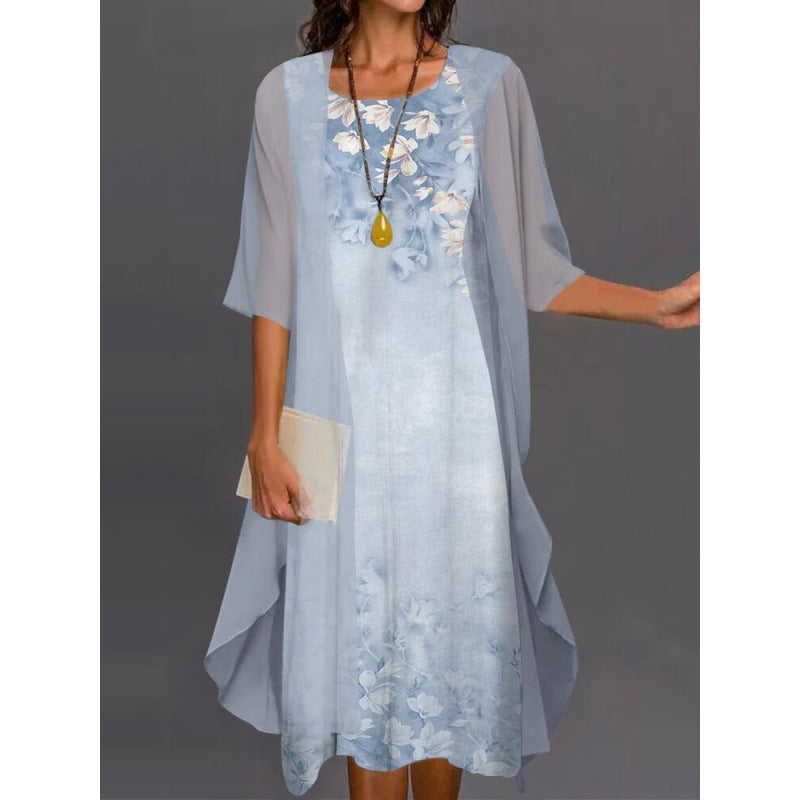 European and American Amazon Summer Women's Casual dress Two-Piece Flower-Print Round Neck Slim-Fit Dress Women