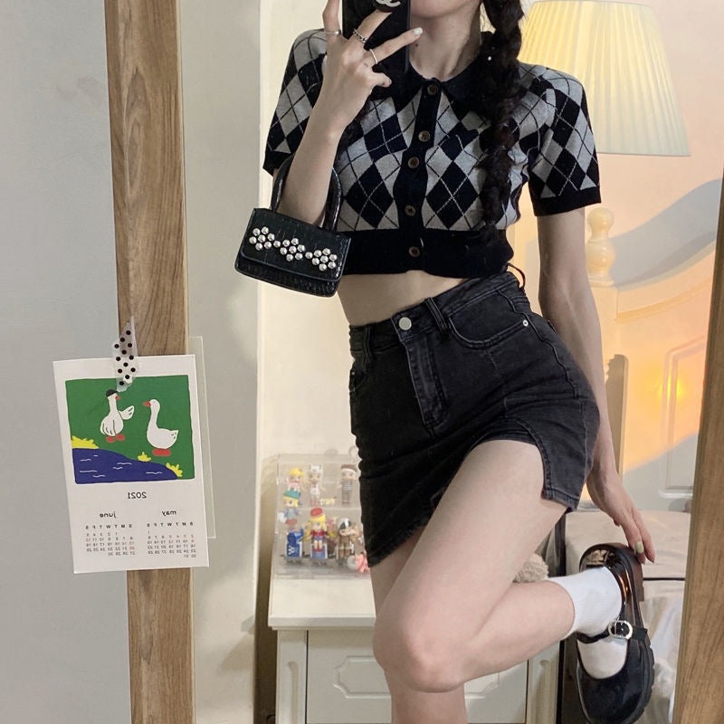 American Hot Girl Summer New Korean Style Slimming Look A-Line Skirt Trendy Anti-Exposure Slit Black Denim Skirt for Women