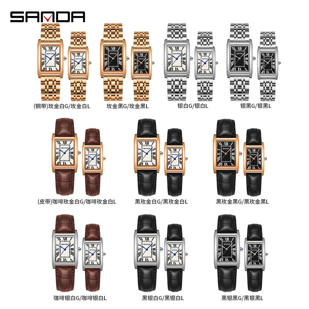 Sanda Live Hot Couple Watch Vintage Square Quartz Watch Waterproof Roman Scale Men's and Women's Watches