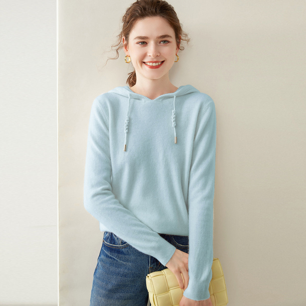 Light Luxury Solid Color 100% Pure Cashmere Hoodie for Women, Versatile for Commuting, Loose Knit Base Hoodie, Loose Fit