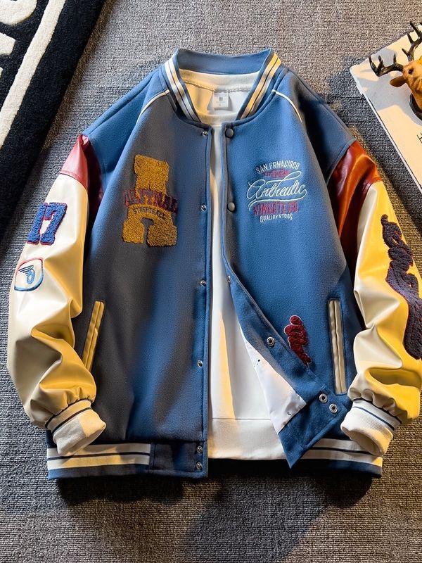 Spring and Autum Contrasting Color American Embroidered Leather Sleeve Jacket Men's/ women's  Korean Style Trendyy Baseball Uniform Autum Casual Student Jacket