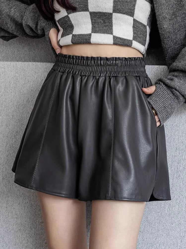 Casual Leather Shorts Women's Spring and Autumn Outwear Korean Style Short-fit High Waist Wide-leg Leather Pants Base Boot Pants