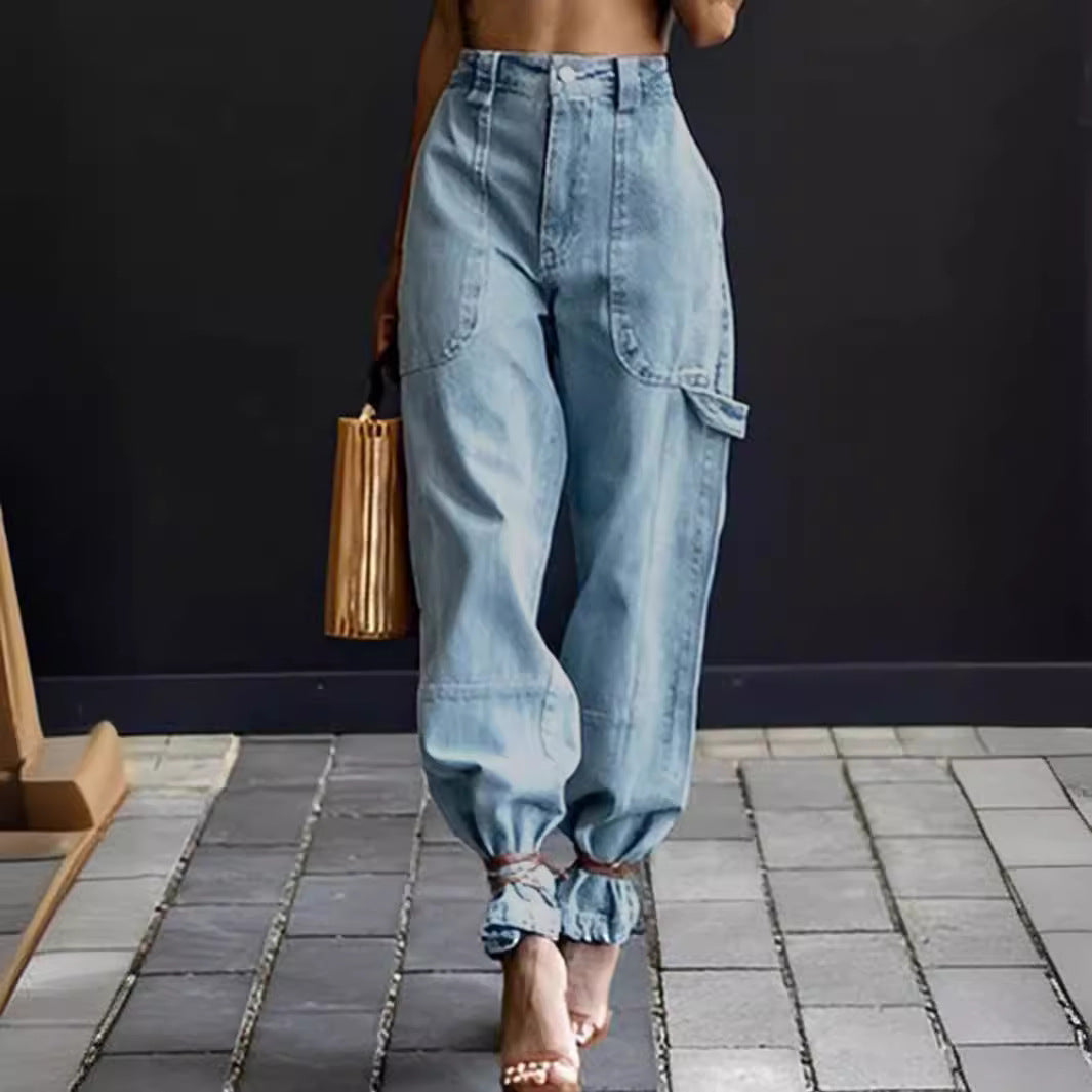 Clearance American-Style Trendy Women's Jeans, Unique Street Fashion Jogger Pants, Light Blue, High-End Feel, Slimming, Versatile for Women
