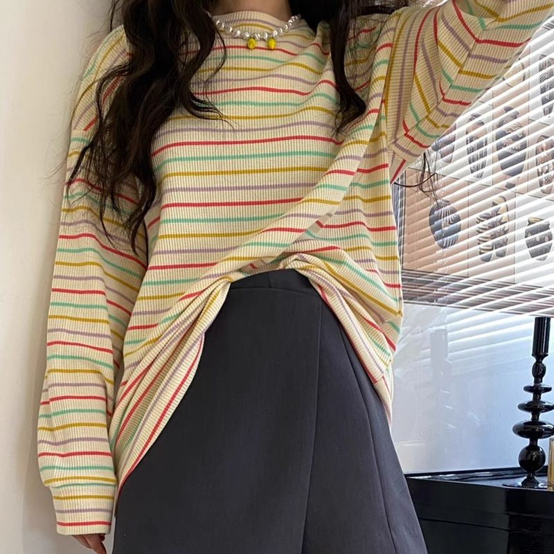 Spring and Autumn T-shirt Thin Sweatshirt Korean Style Autumn and Winter New Vigor Rainbow Striped Long-sleeved T-shirt Women's Top Women's Age-reducing