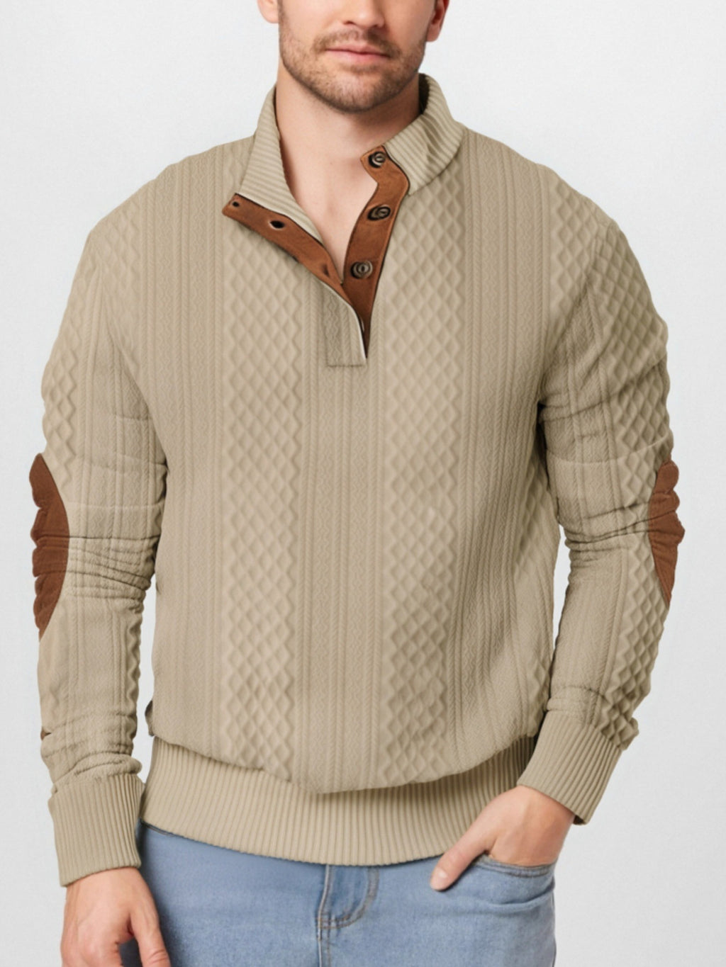 Cross-Border European and American Spring and Autumn Men's Sweatshirts with Half-Zip, Casual Jacquard Stand Collar, Long Sleeves, Patch Design, Versatile
