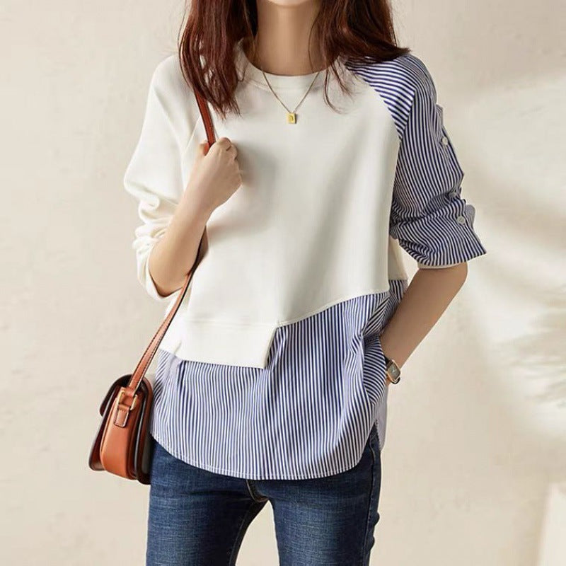 Eclectic Design Sense Niche Stitching Round Neck Sweater Women's Spring and Autumn New Irregular Striped Loose Cotton Top