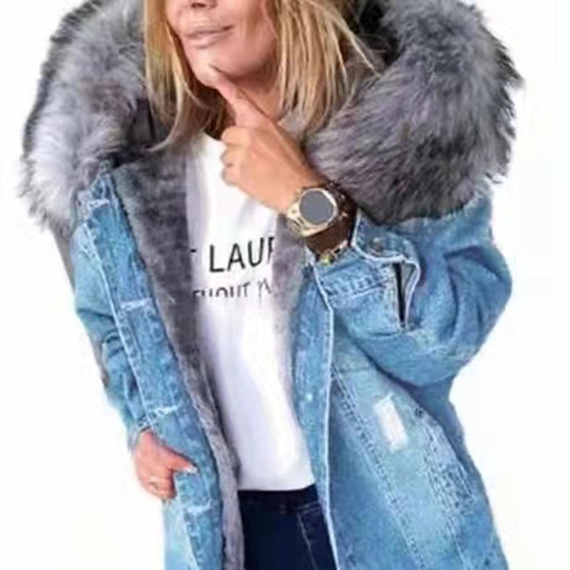 Women Winter Big Size Denim Jacket Ladies Warmth Jeans Coat