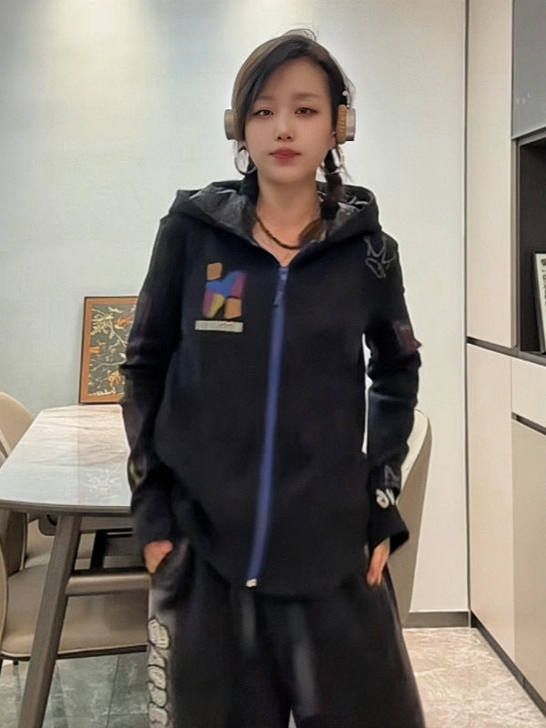 American-Style Cardigan European-Style Hooded Top Thickened 2026 Spring New Women's Curved Letter Print Trendy Brand Women's Clothing