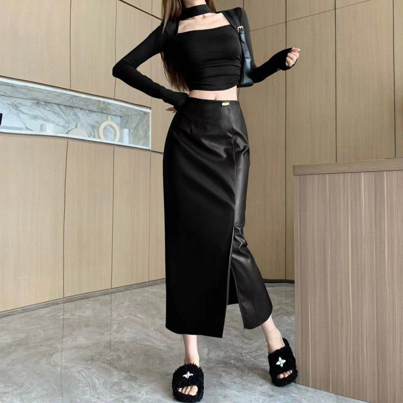 American Hot girl fashion PU leather high waist all-match long skirt cross-border women's autumn new casual skirt fashion