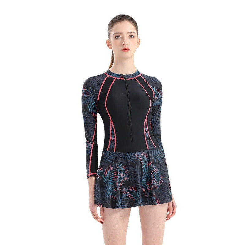 Swimwear Women's New Long-sleeved Sunscreen Conjoined Large Size Conservative Skirt Flesh Covering Slimming Sports Hot Spring Swimwear
