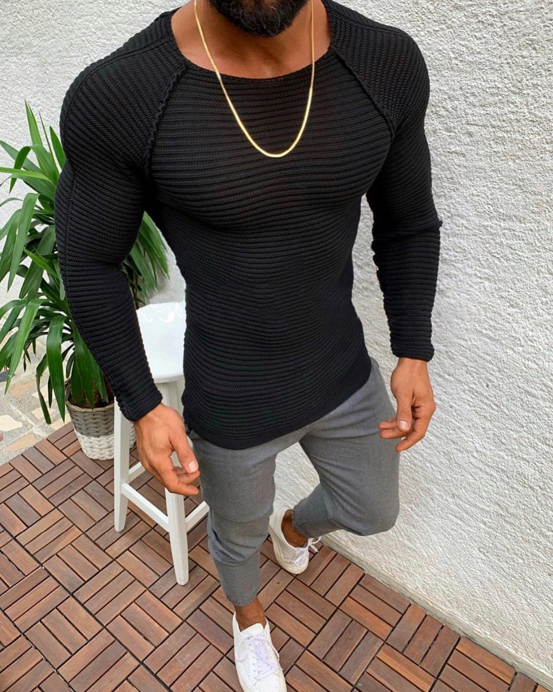 Amazon 2023 Autumn and Winter European and American Large Size Round Neck Solid Color Men's Knitwear Top Sports Slim-fit Sweater for Men