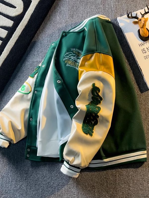 Spring and Autum Contrasting Color American Embroidered Leather Sleeve Jacket Men's/ women's  Korean Style Trendyy Baseball Uniform Autum Casual Student Jacket