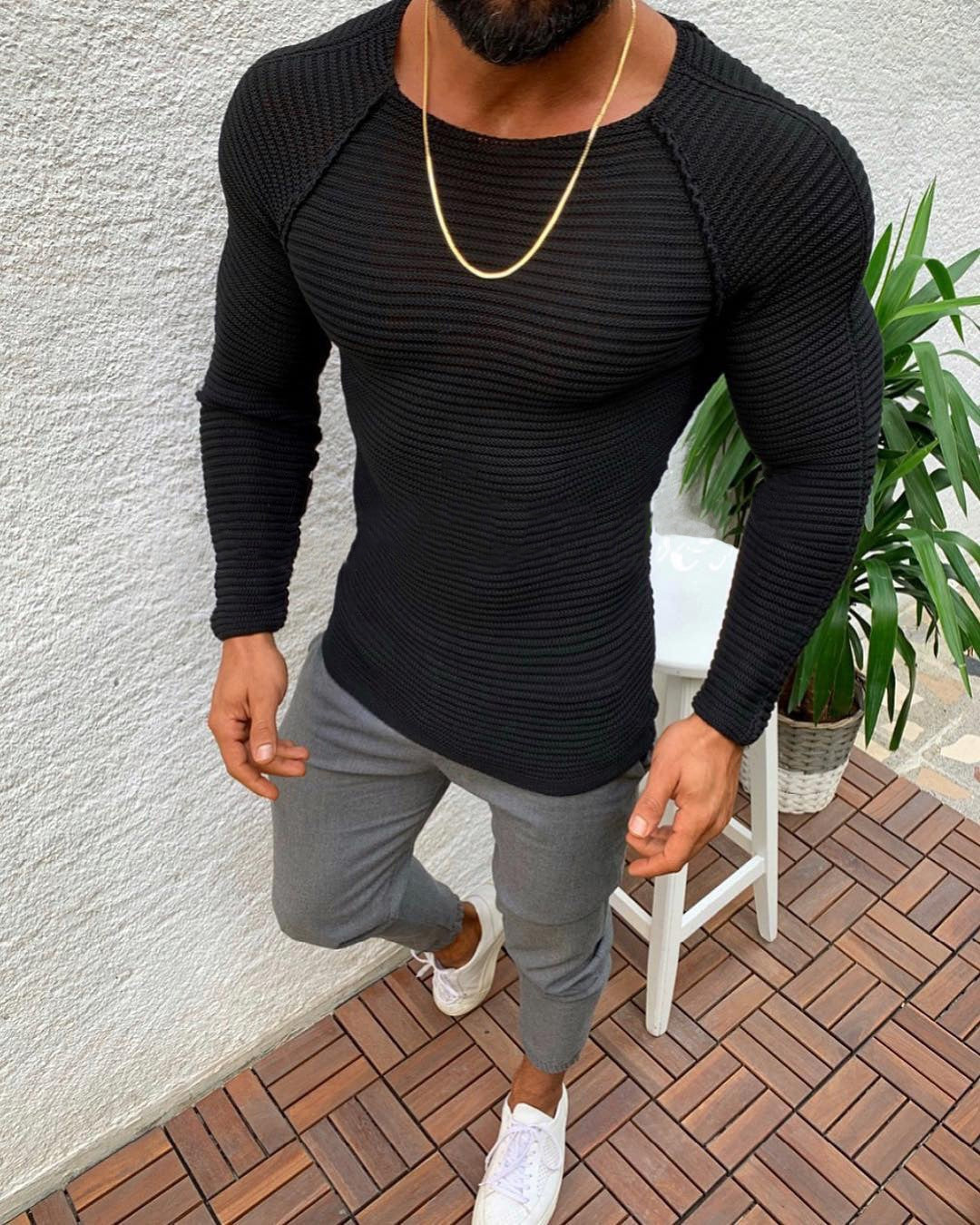 Amazon 2023 Autumn and Winter European and American Large Size Round Neck Solid Color Men's Knitwear Top Sports Slim-fit Sweater for Men