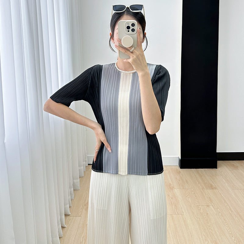 Sanzhai top for women 2023 Autumn New striped color matching straight slimming versatile pleated short sleeve t-shirt for women