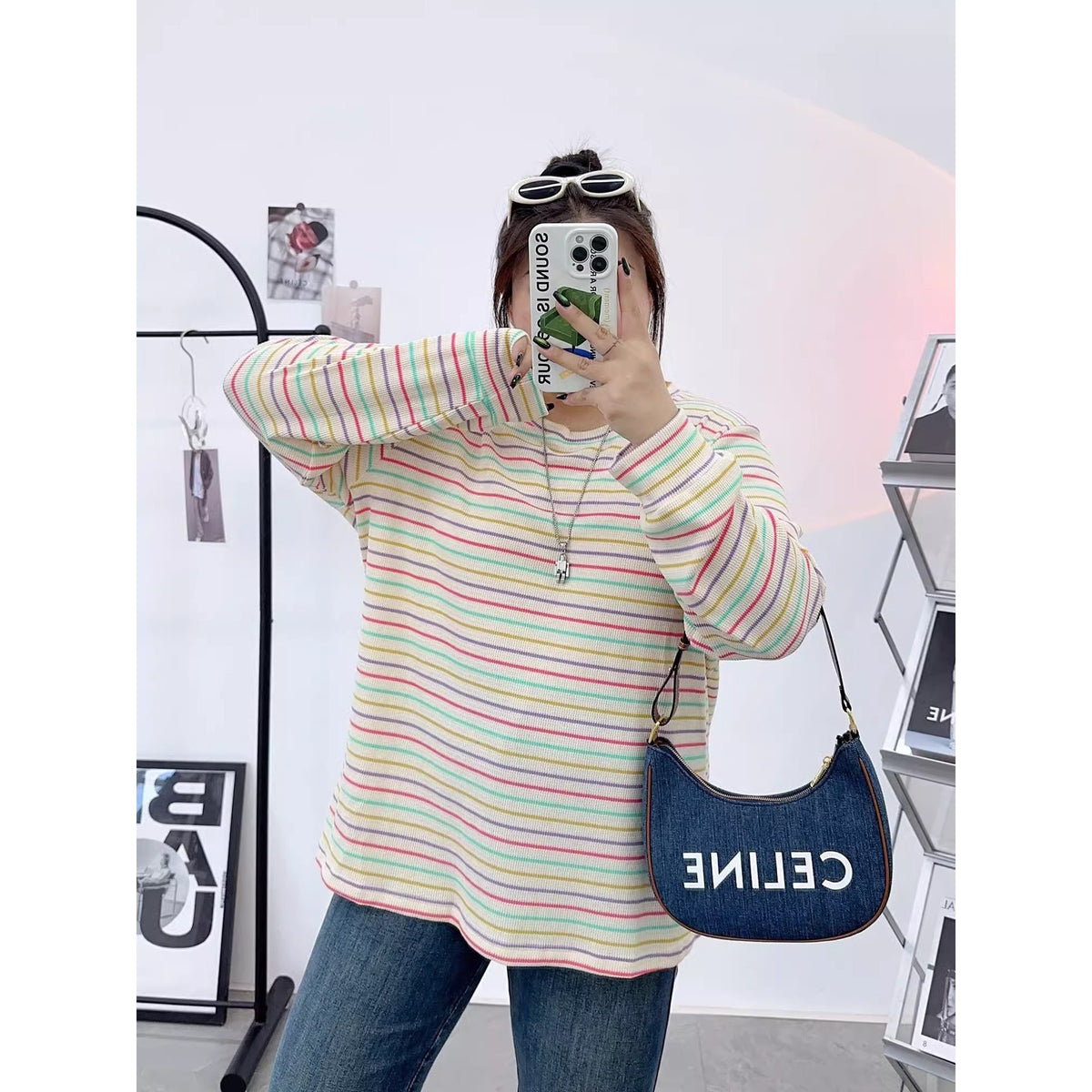 Early Autumn Large Size Retro Rainbow Stripesd Right Shoulder Long-Sleeved T-Shirt for Fat Women, Loose Slimming Look and Age-Reducing Top