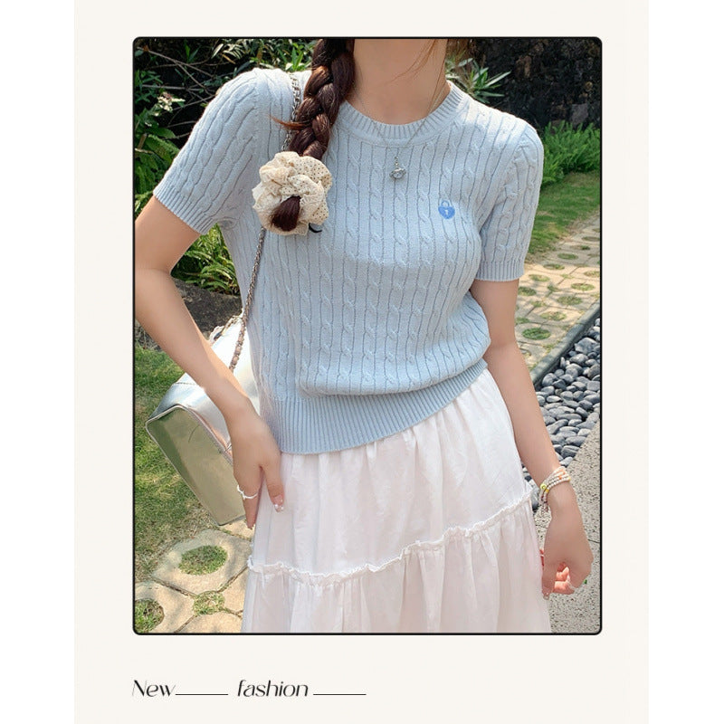 Short-Sleeved T-Shirt for Women in Summer, New Slim Fit, Versatile Yellow Twist Retro Short Knitwear, Fashionable…
