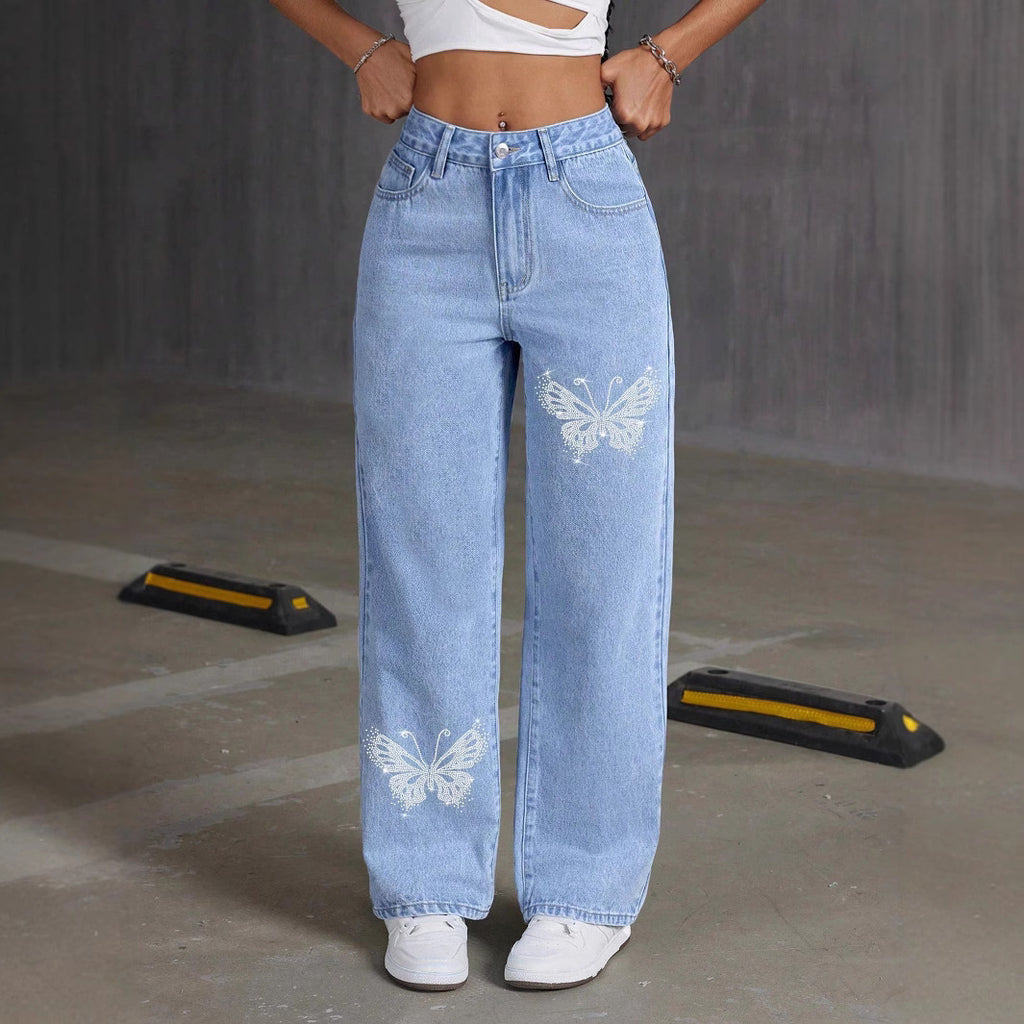 Womanjeans Cross-Border Y2K Rhinestone Butterfly Jeans Spring and Autumn Straight Slim Long Pants for Women with Rhinestone Decoration