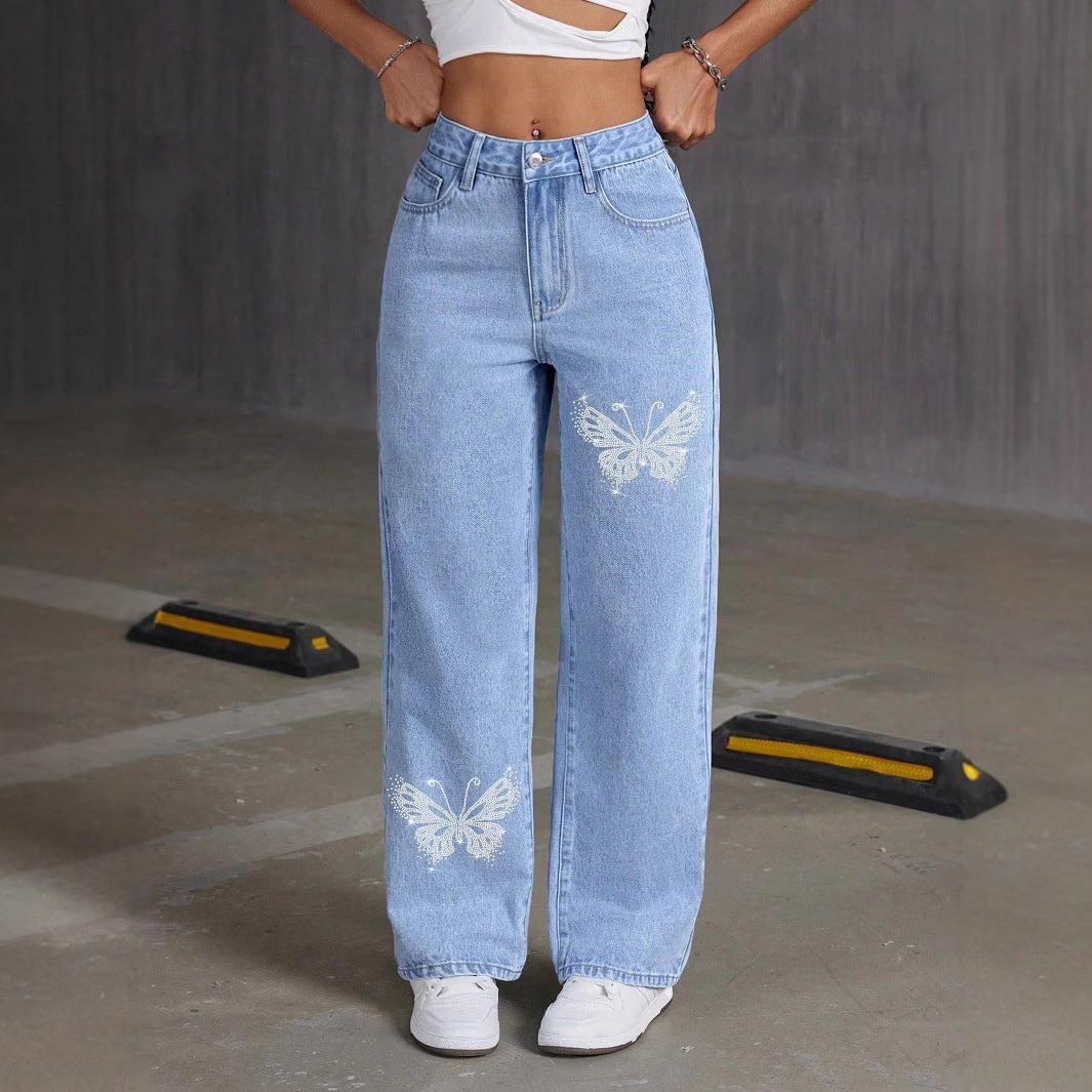 Womanjeans Cross-Border Y2K Rhinestone Butterfly Jeans Spring and Autumn Straight Slim Long Pants for Women with Rhinestone Decoration