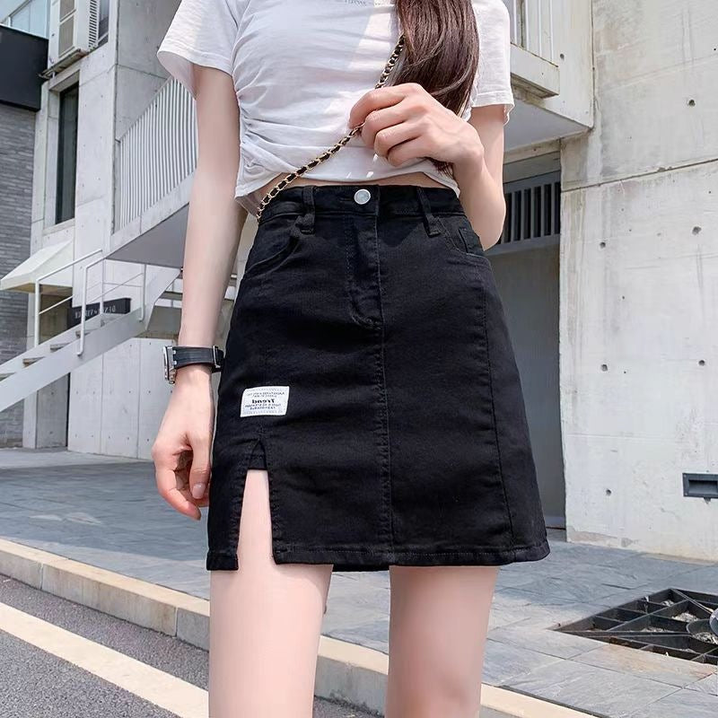 American Hot Girl Summer New Korean Style Slimming Look A-Line Skirt Trendy Anti-Exposure Slit Black Denim Skirt for Women