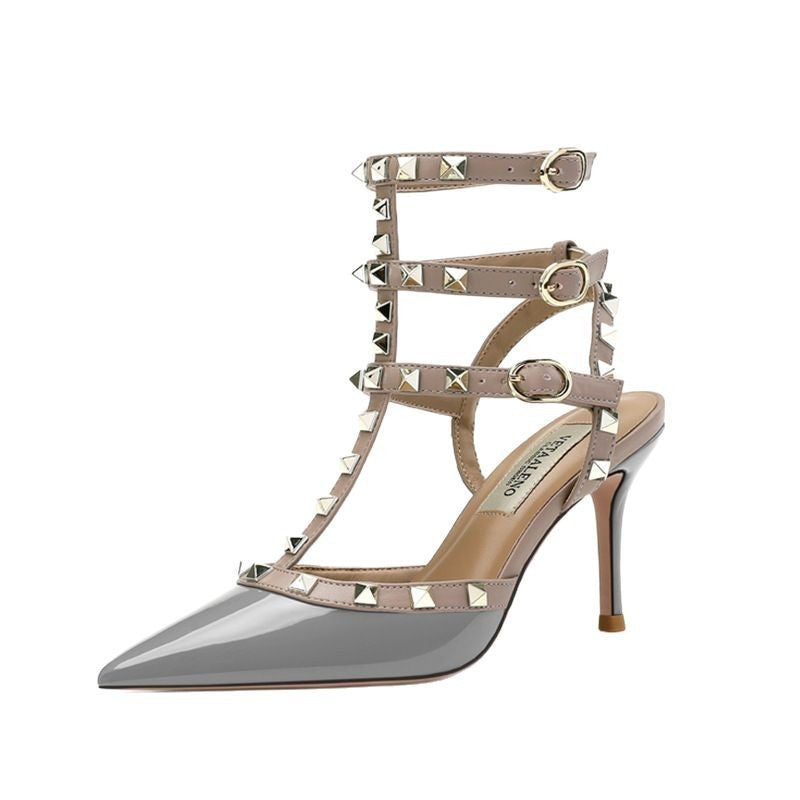 2025 Summer New Pointed Black Rivet High Heels girls Sandals Stiletto Beautiful Nude Shoes Willow Shallow