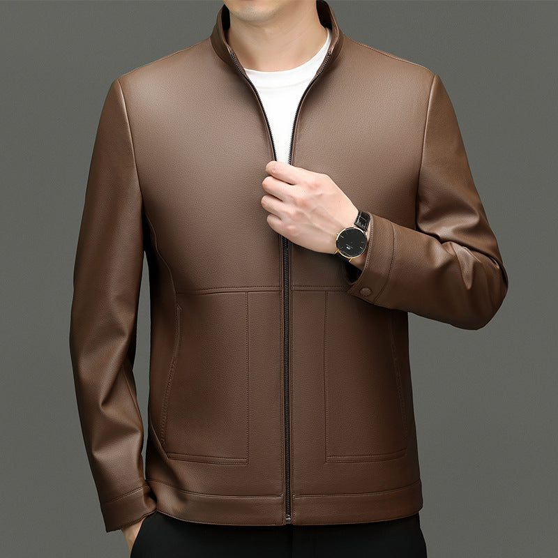 Leather men's 2024 autumn and winter new fleece-lined thickened stand collar pu leather jacket coat protein ecological leather men's