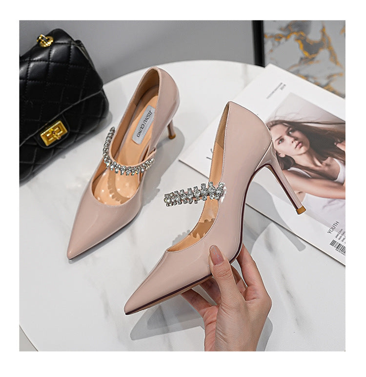 Rhinestone Pointed High Heels 2025 New White Wedding Shoes Patent Leather Nude Buckle Shoes Black Professional Shoes