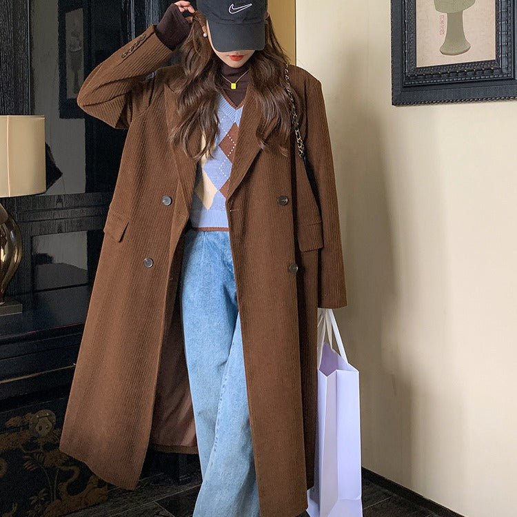 Women's Vintage caramel Corduroy Long Suit Over-the-knee Coat Women's Spring and Autumn Quilted Design Niche Jacket