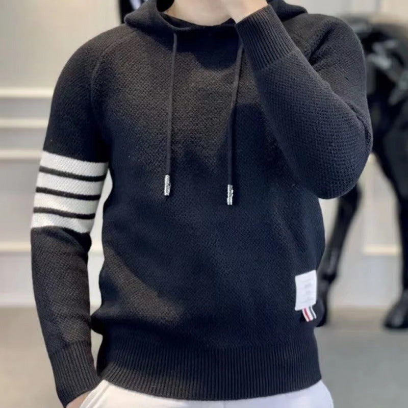 Autumn and Winter Long-Sleeved Contrast Stripesd Hooded Knitwear for Men New Men's Handsome Sweatshirt Trendyy Knitted Knitwear for Men