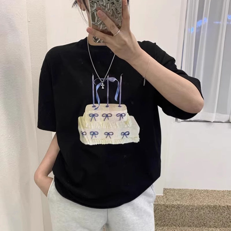 American Retro White Short-Sleeved T-Shirt for Women New Design Niche Summer Loose Cotton Top White T-Shirt