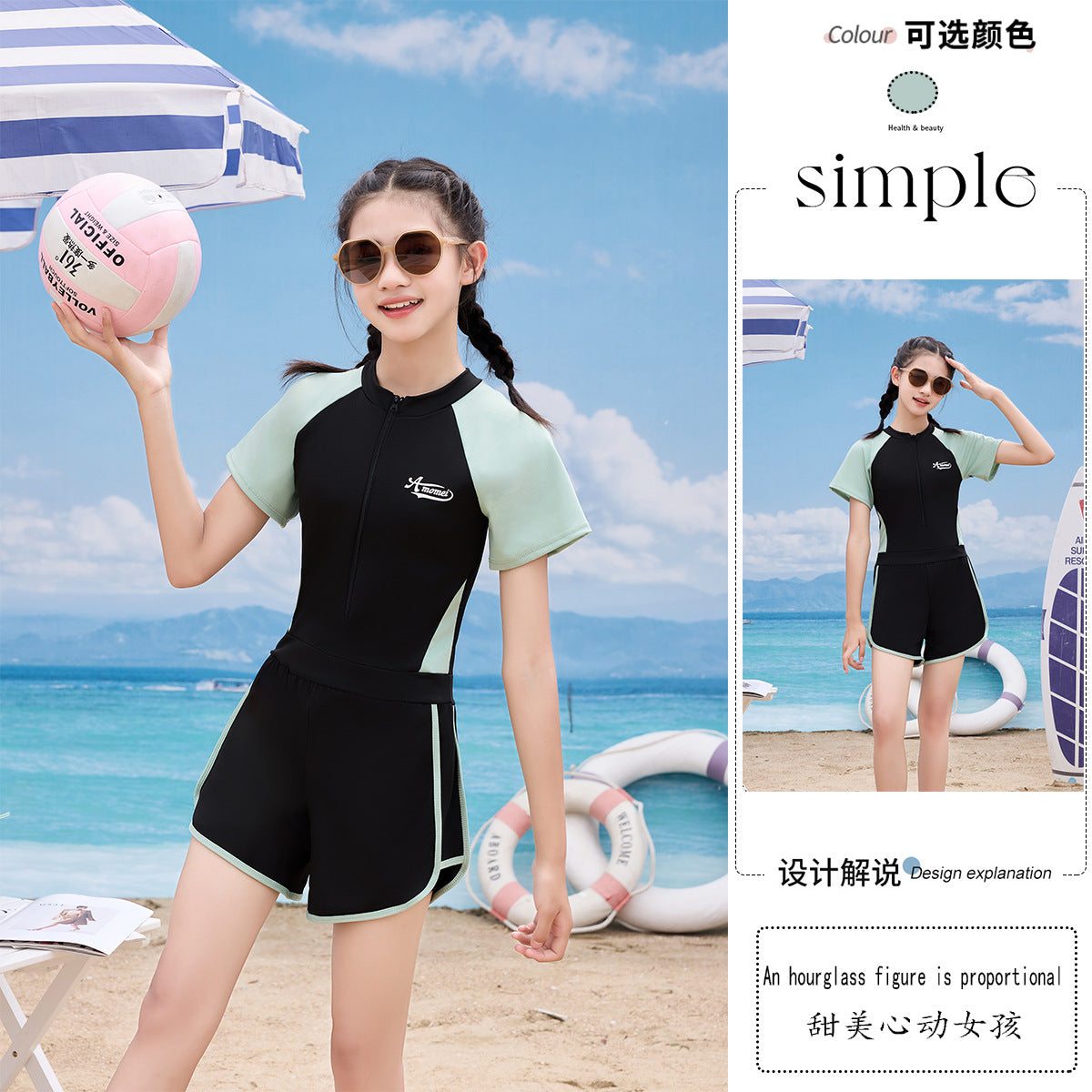 Summer Middle and Big Kids Split Swimsuit Women's Zipper 10-15 Years Old Swimsuit Seaside Beach Hotel Quick-drying Student Equipment