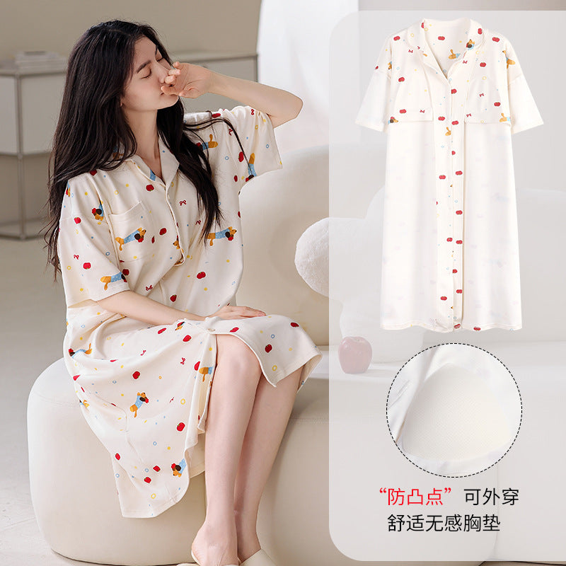 Pajamas for Women, Summer Pure Cotton Short-Sleeved Nightgown, Cardigan, Casual Loose, Large Size Mid-Length Skirt with Breast Pads, Can Be Worn Outside