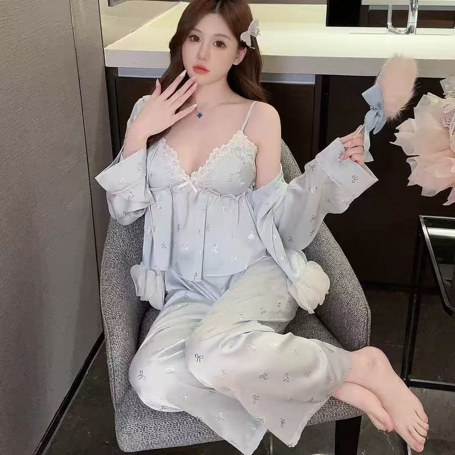 Pajamas for Women 2026 New Spring, Autumn and Summer Suspender-Style Ice Silk with Silver Bow, Padded Chest, Lace Homewear Set