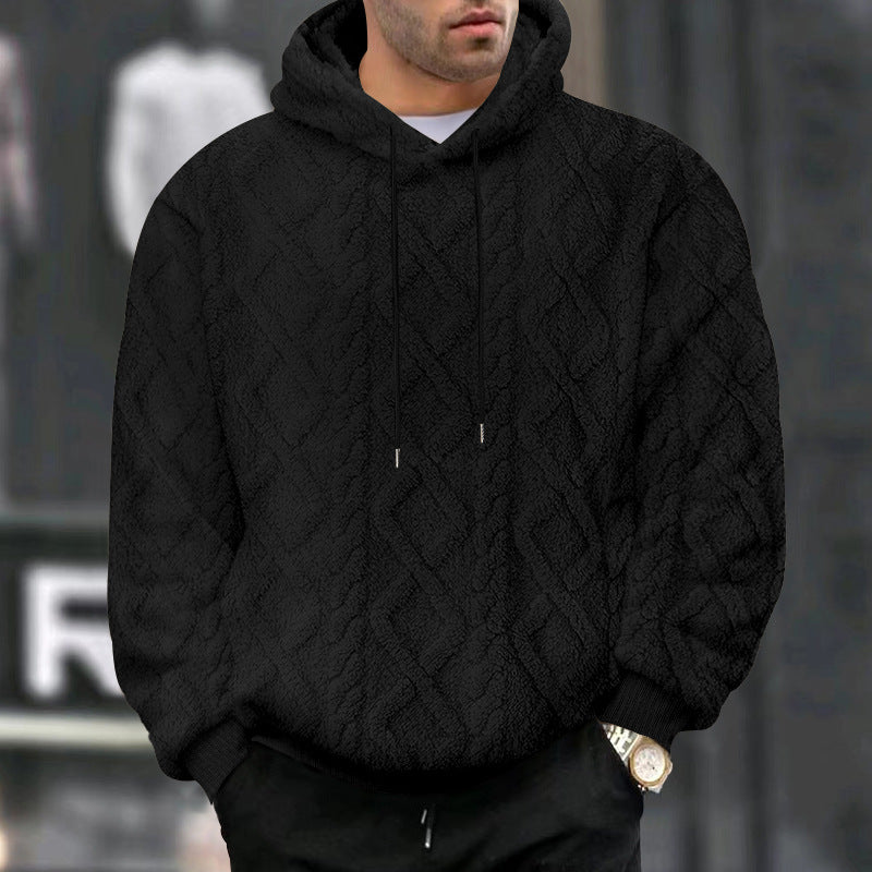 Cross-Border American Style Autumn and Winter Sweatshirt for Men, Casual High Street Jacquard Diamond Double-Sided Fleece Loose Pullover Hooded Sweatshirt for Men