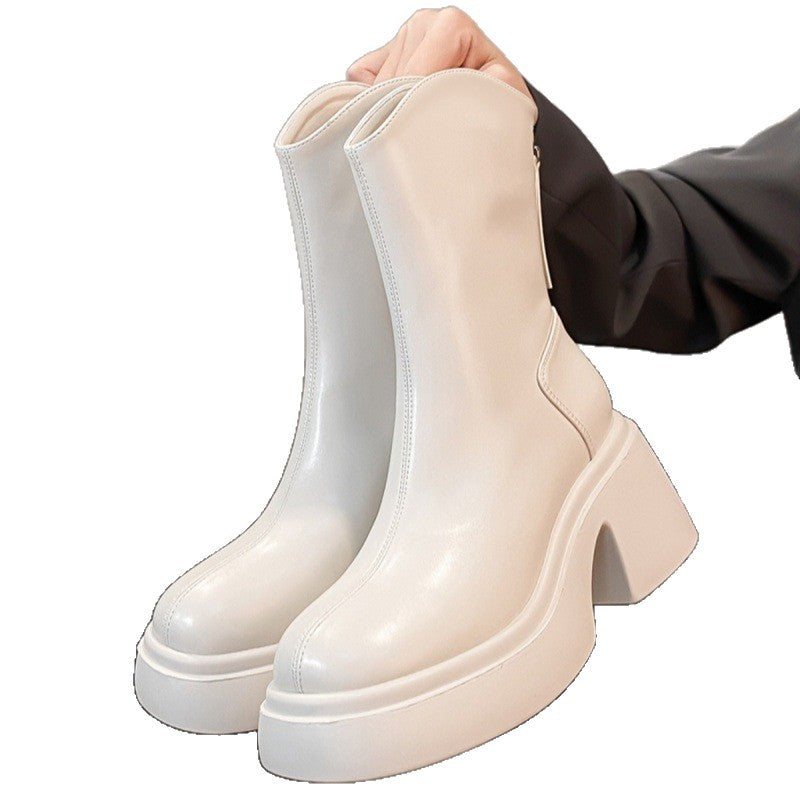 White V-Mouth High-Heeled Short Boots for Women, Autumn and Winter Thick-Soled Elastic Slim Boots, Thick Heels, Versatile Slimming Short Boots