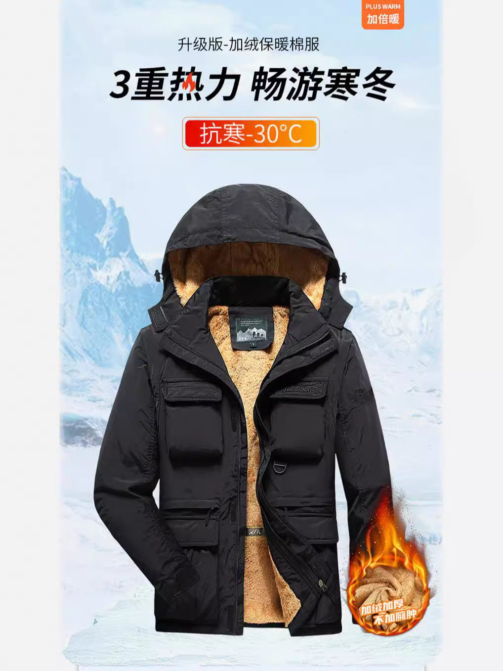 Removable Sleeve Cotton-padded Clothes Men's plus size Coat Men's Winter Warm Multi-pocket Work Coat Charge Cotton-padded Jacket Men's