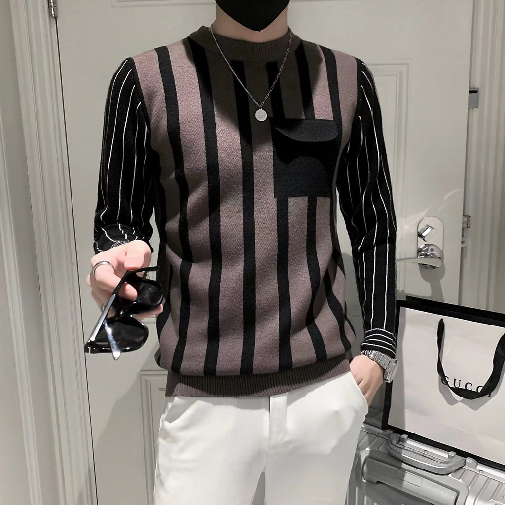 Fake two-piece sweater all-match casual Pu handsome sweater men's striped slim fit 2023 niche new sweater fashion